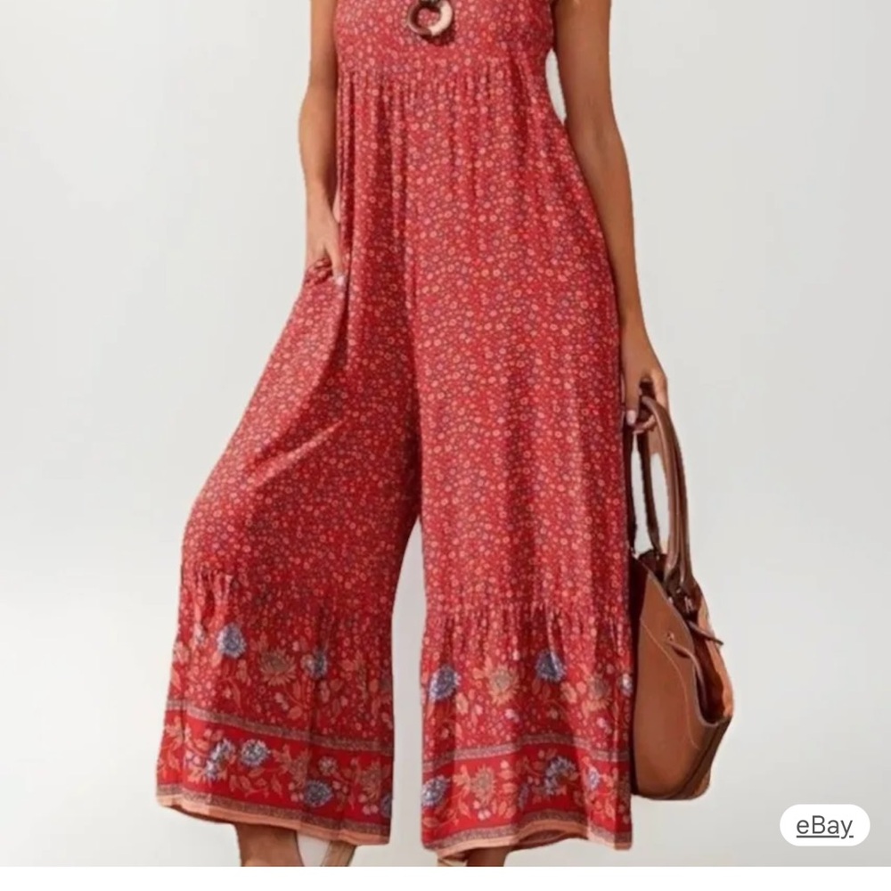 NATURAL LIFE Red Floral Spaghetti-Strap Jumpsuit Romper